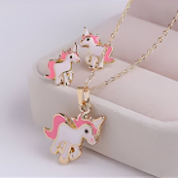 Pink & White Unicorn Women's Fashion Pendant Goldplated Necklace & Earrings Set - Picture 3 of 3